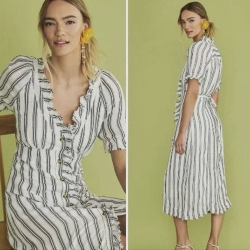 Pilcro Anthropologie Black White Striped Button Midi Dress‎ 0 Ruffled Old Money
